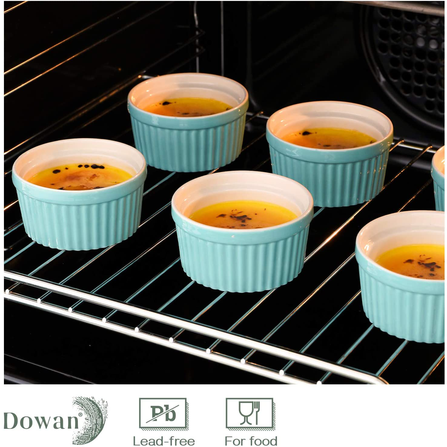DOWAN 10 oz Ramekins - Ramekins 10 oz oven safe for Creme Brulee Souffle, Porcelain Ramekins Oven Safe, Classic Style Ramekins for Baking Ramekins Bowls, Set of 6, Blue