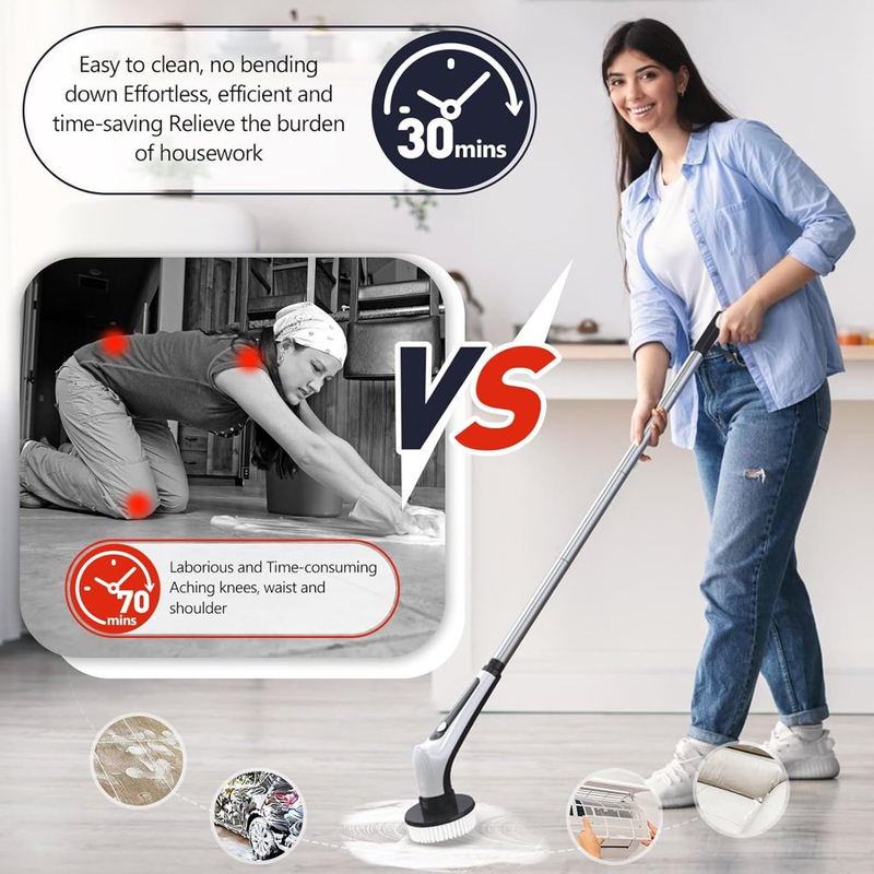 Cordless Cleaning Electric Spin Scrubber with 9 Heads & Extension Handle