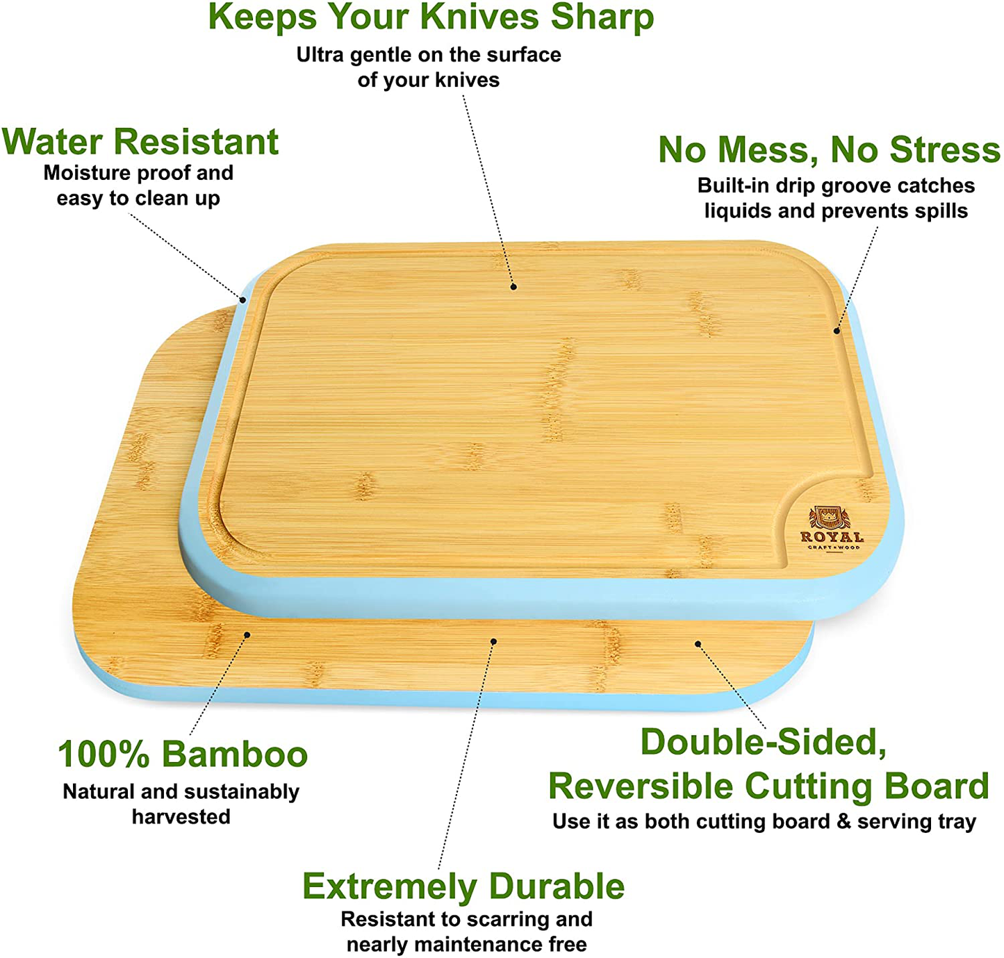 Bamboo Cutting Board Set with Juice Groove (3 Pieces) - Kitchen Chopping Board for Meat (Cutting Board) Cheese and Vegetables (Green)