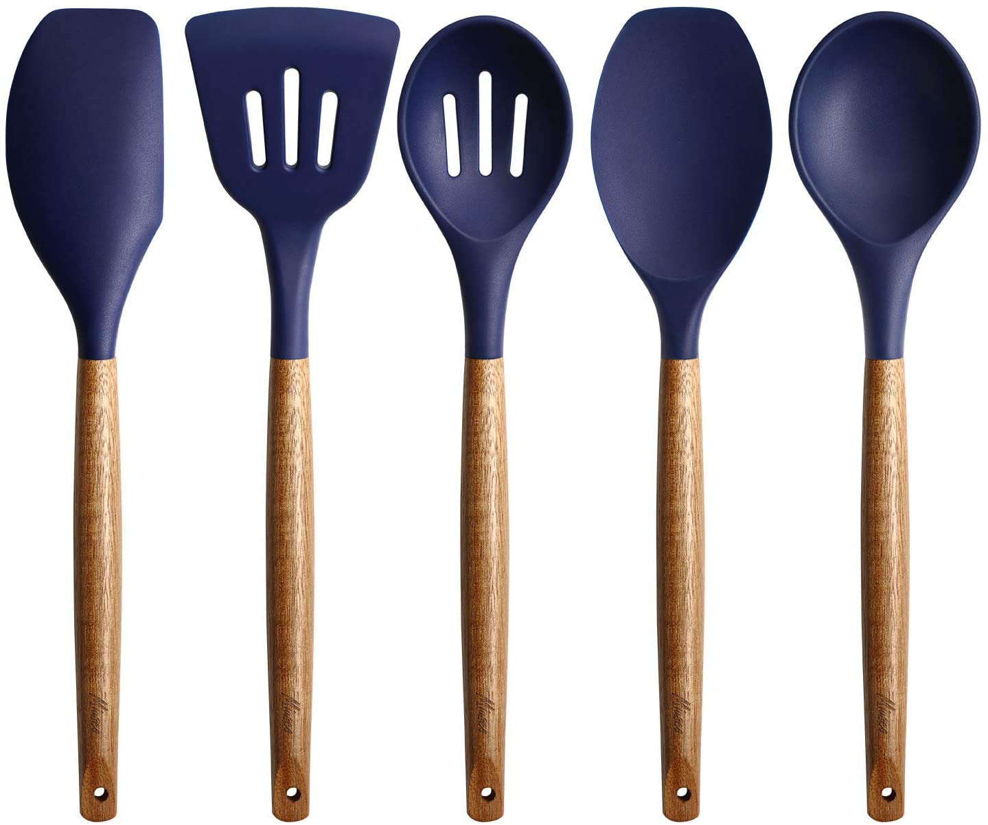 Miusco Non-Stick Silicone Cooking Utensils Set with Natural Acacia Hard Wood Handle, 5 Piece, High Heat Resistant