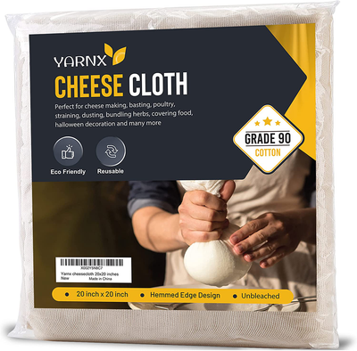 Yarnx Reusable Cheesecloth 20X20 Inches Hemmed - Grade 90 Muslin Cloth - 100% Unbleached Organic Cotton Cheese Cloths for Straining, Filtering, Cooking & Baking