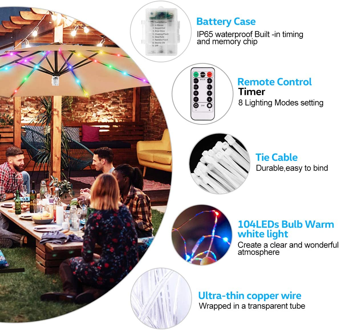 Patio Umbrella Light String Lights 8 Brightness Modes 104 Leds at 3AA Battery Operated Waterproof Outdoor Umbrella Pole Light for Patio Umbrellas Camping Tents (Multi-Colored)