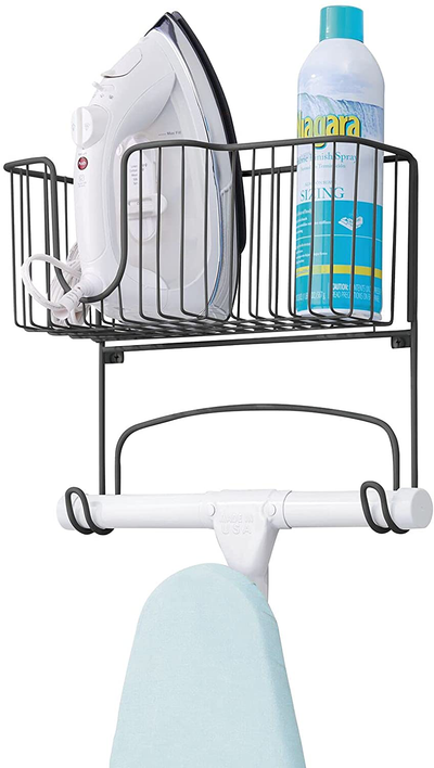mDesign Metal Wall Mount Ironing Board Holder with Large Storage Basket - Easy Installation, Holds Iron, Board, Spray Bottles, Starch, Fabric Refresher for Laundry Rooms - Matte Black