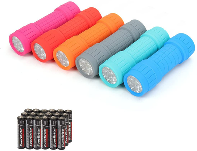 Everbrite 9-LED Flashlight 6-Pack Impact Handheld Torch Assorted Colors with Lanyard 3AAA Battery Included (Hurricane Supplies, Camping, Hiking, Emergency, Hunting)