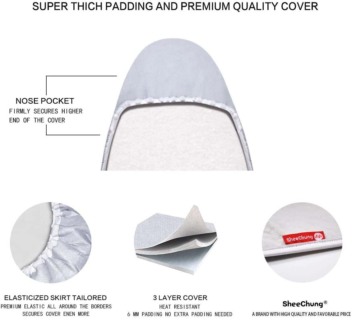 SheeChung 42”x12” Ironing Board Cover and Pad - with Pull Bungee Fit System and 3 Connecting Straps,Premium Heavy Duty 3-Layer Silicone Coated Cover,Heat Reflective, Scorch Resistant