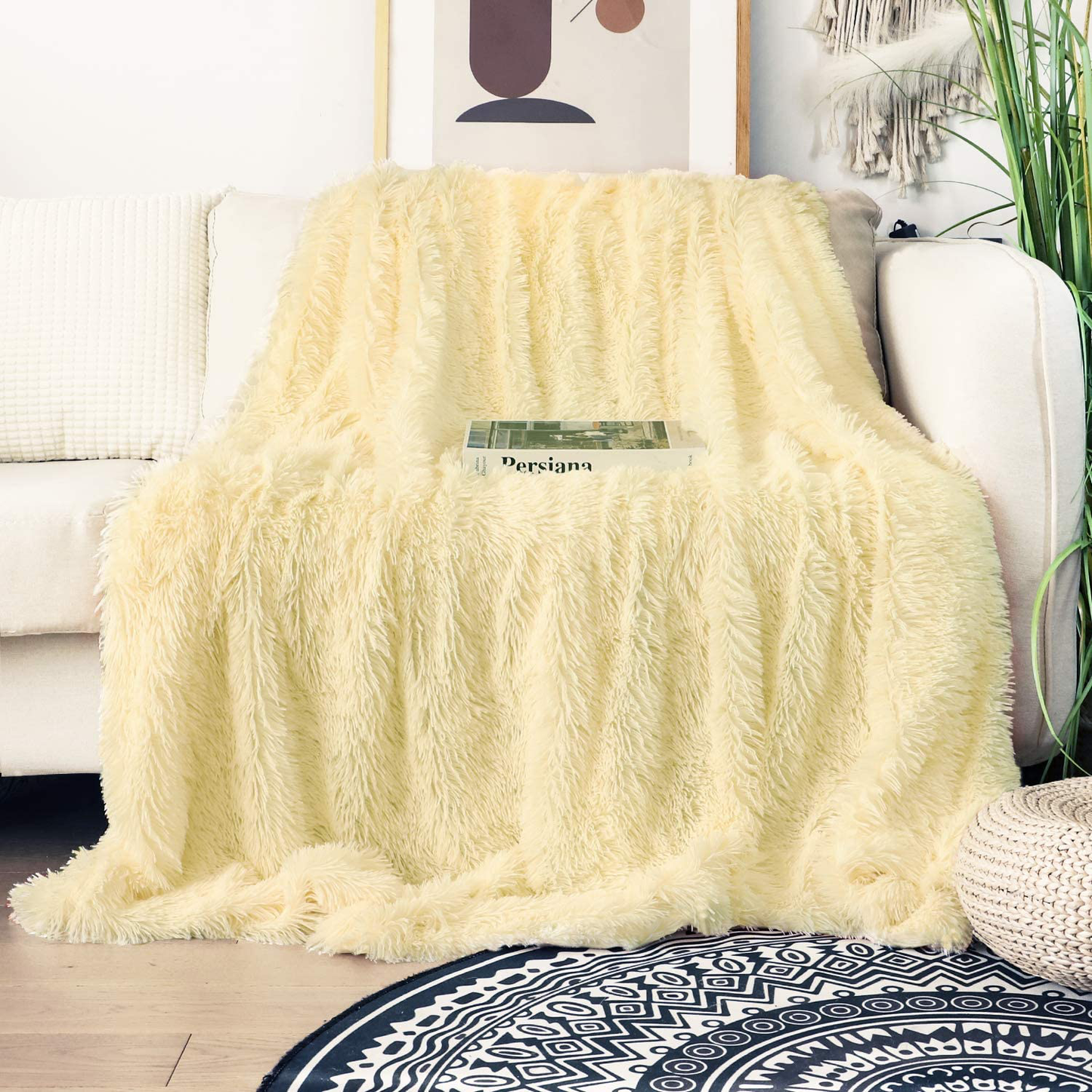Decorative Extra Soft Faux Fur Throw Blanket 50" x 60",Solid Reversible Fuzzy Lightweight Long Hair Shaggy Blanket,Fluffy Cozy Plush Fleece Comfy Microfiber Fur Blanket for Couch Sofa Bed,Pure White