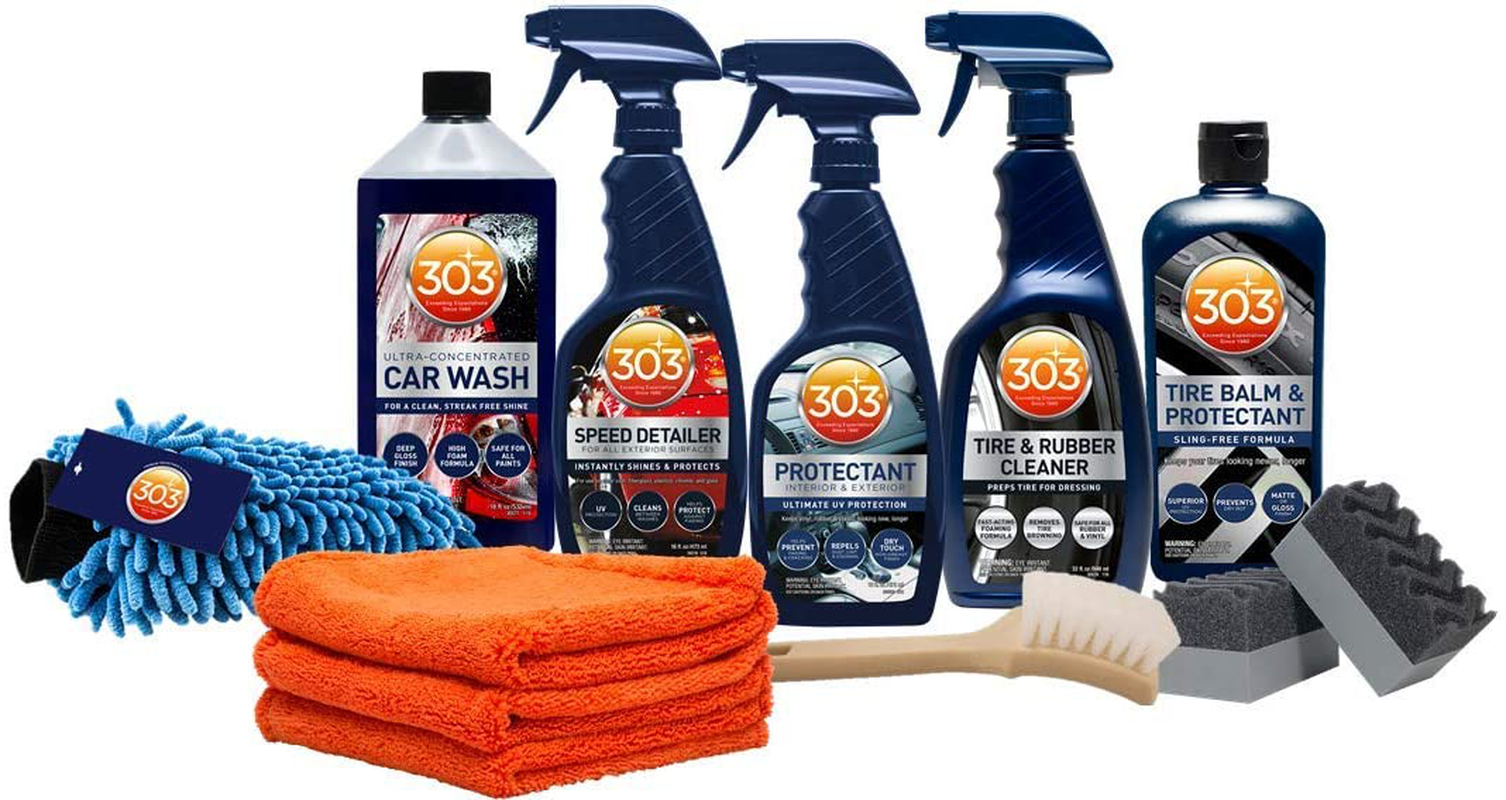 303 Exterior Care Kit - Car Wash - Tire and Rubber Cleaner - Tire Balm and Protectant - Speed Detailer - Protectant - Includes Accessories (30810)