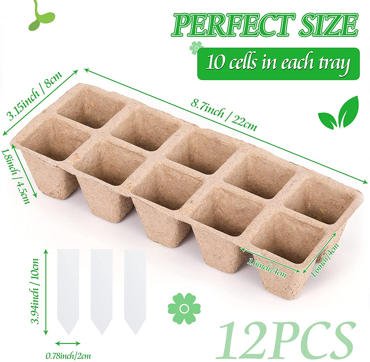 Seed Starter Peat Pots 10 Cells Seedling Pots Germination Trays Organic Germination Plant Starter Kit with White Plastic Plant Markers Labels for Indoor Outdoor Plants Supplies (12)