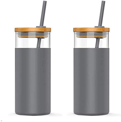 tronco 20oz Glass Tumbler Straw Silicone Protective Sleeve Bamboo Lid - BPA Free (Charcoal Grey/ 2-Pack)