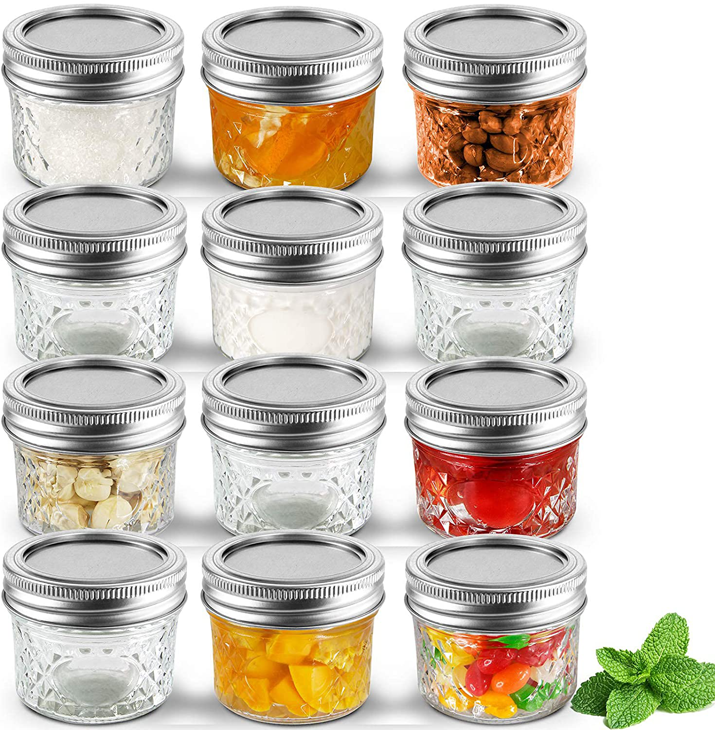 Cazluz Small Mason Jars Set 4 oz [12 PACK] with Lids and Bands, Mini Canning Jars with Crystal Glass for Food Storage like Jelly, Spice, Yogurt, Jam, Body Butters, Wedding Favors (12, 4 OZ)