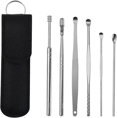 Earwax Removal Tool Set, 360° Spiral Design Stainless Steel Ear Pick, 6Pcs Ear Curette Cleaner, Portable Ear Cleaning Kit for Home and Travel with PU Leather Case (Black)