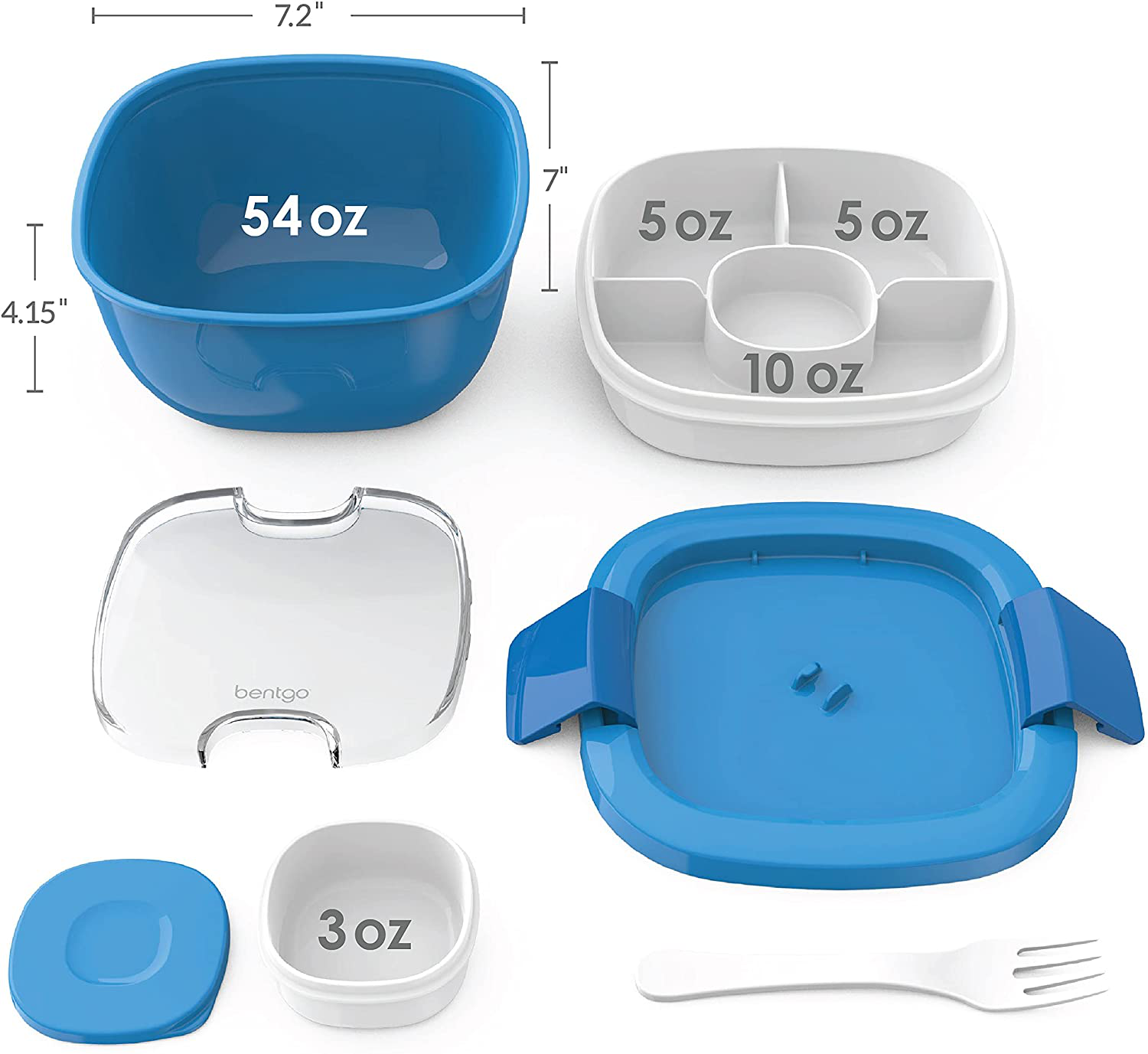 Bentgo Salad - Stackable Lunch Container with Large 54-oz Salad Bowl, 4-Compartment Bento-Style Tray for Toppings, 3-oz Sauce Container for Dressings, Built-In Reusable Fork & BPA-Free (Blue)