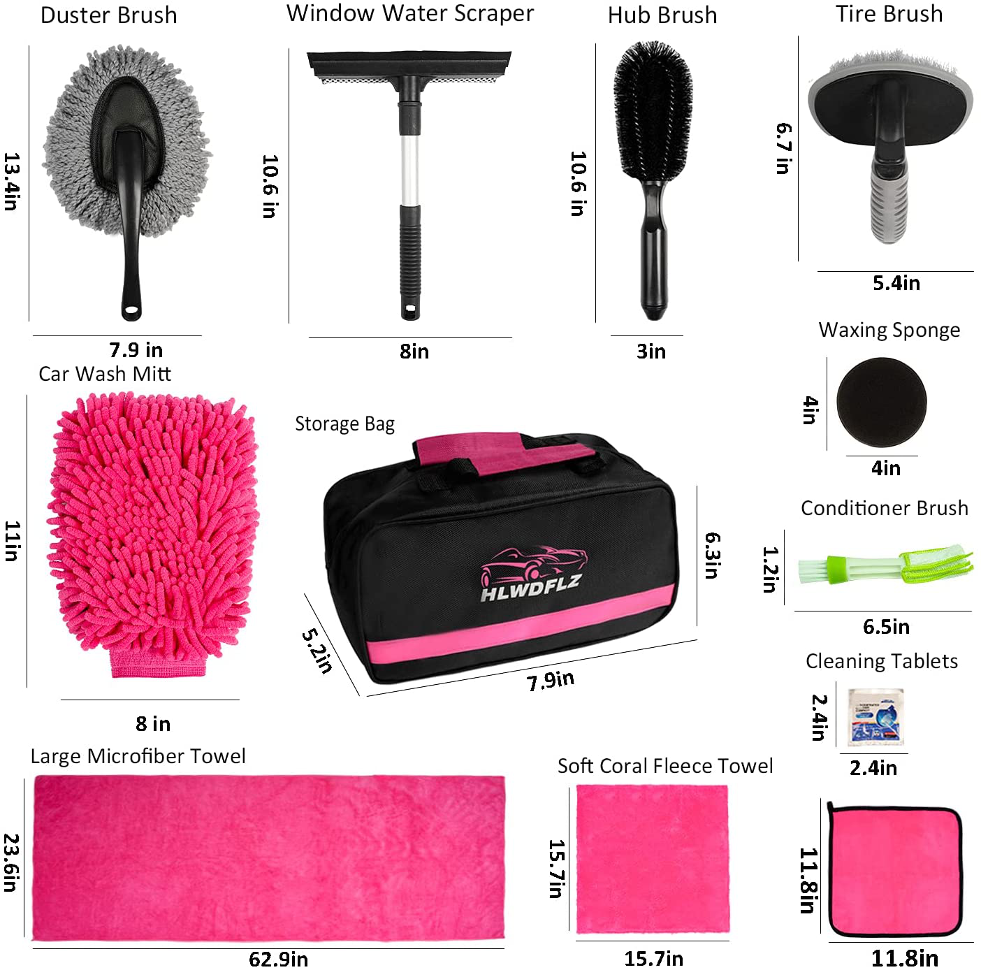 HLWDFLZ 31pcs Car Cleaning Kit, Pink Car Wash Kit and Detailing kit - Car Detailing Brushs, Microfiber Cleaning Cloth, Tire Brush, Window Scraper for Cleaning Car Interior Exterior