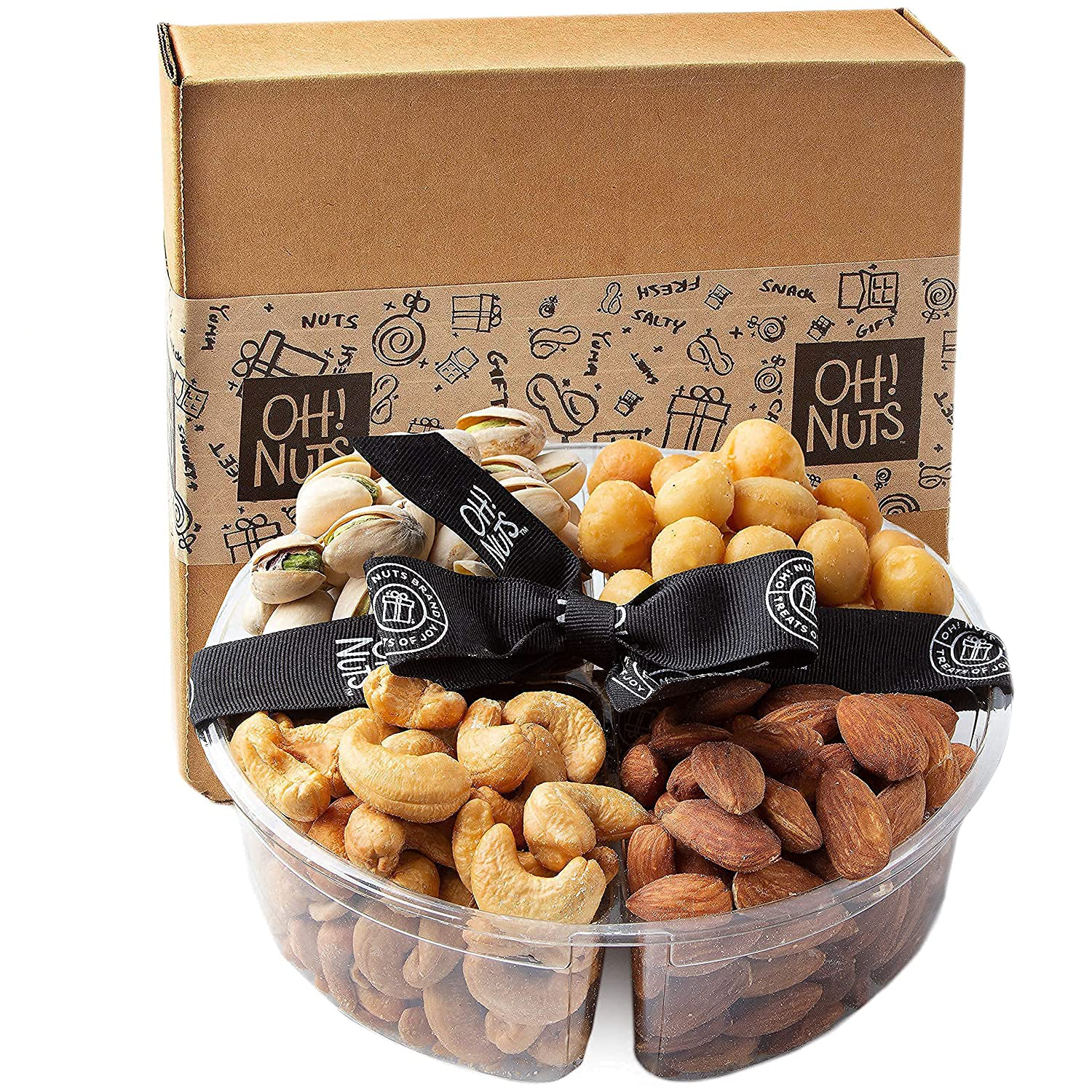 Oh! Nuts Gourmet Nut Gift Baskets, Freshly Roasted Party Tray, Prime Basket Gift Idea for Hanukkah, Thanksgiving, Christmas, Valentines Day, Men & Woman Birthday, Sympathy -4 Section Nut Gift Basket