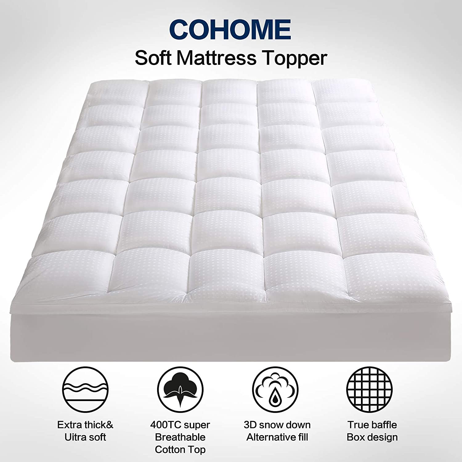 COHOME Short Queen Mattress Topper Extra Thick Cooling Mattress Pad 400TC Cotton Top Plush Down Alternative Fill Pillow Top Mattress Cover with 8-21 Inch Deep Pocket (60x75 Inches, White-Classic)