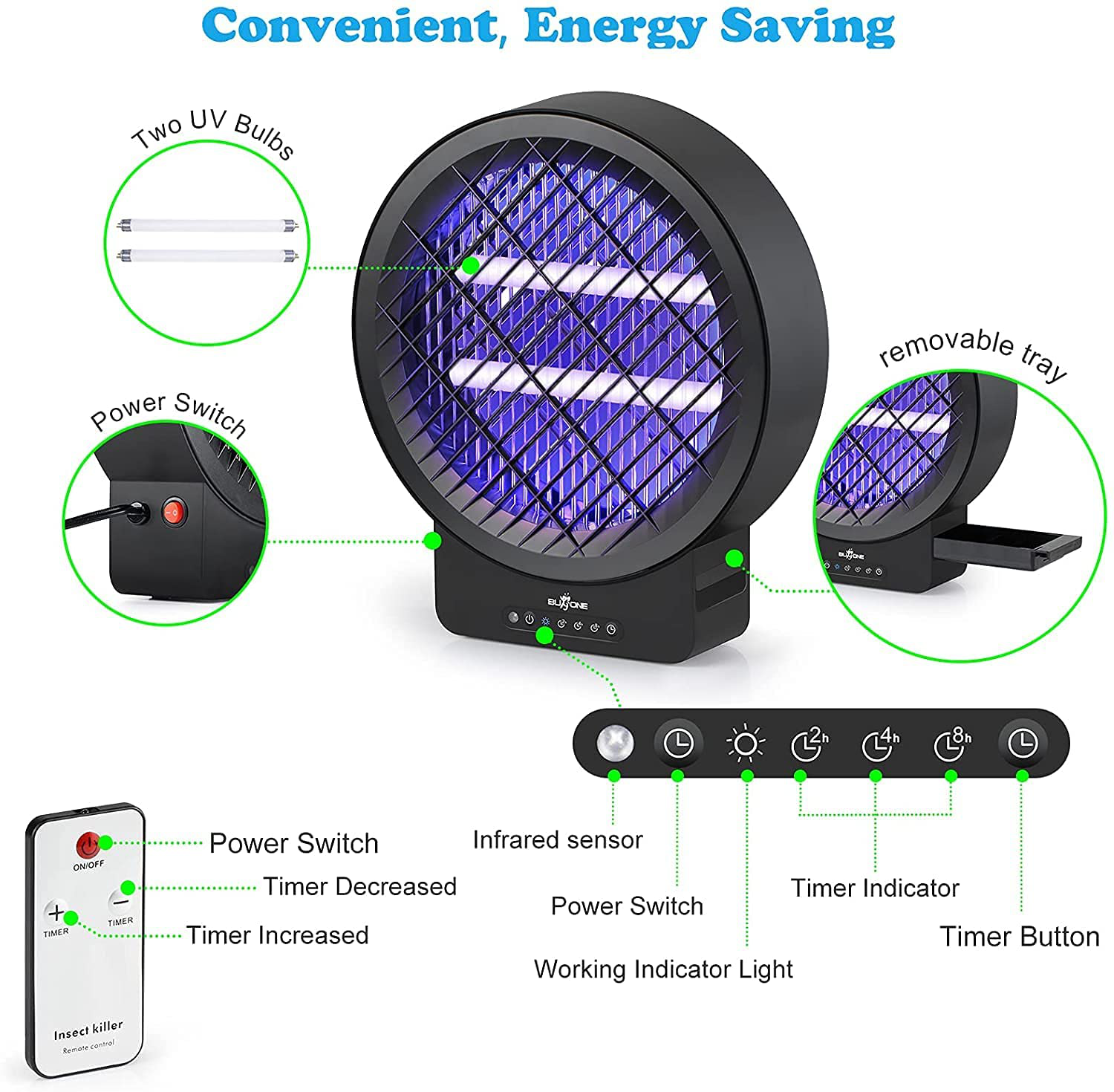 BUGONE Bug Zapper Electric Mosquito Insect Fly Trap Killer Timer Lamp with Remote Controller for Indoor & Home, Powerful Dual Bulbs 14W 3000V with UV Light