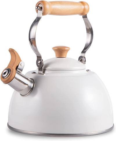 ROCKURWOK Tea Kettle Stovetop Whistling Teapot, Stainless Steel, 2.64-Quart White