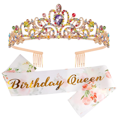 Didder Birthday Crown, Tiaras for Women Birthday Queen Sash & Multicolor Rhinestone Tiara Kit, Birthday Sash and Tiara for Women Girls Birthday Crowns for Women Princess Crown Party Gift