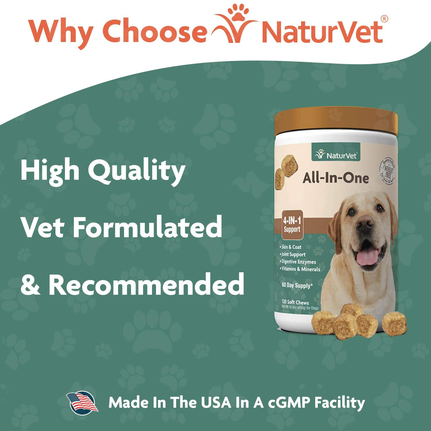 NaturVet All-in-One Dog Supplement - for Joint Support, Digestion, Skin, Coat Care – Dog Vitamins, Minerals, Omega-3, 6, 9 – Wheat-Free Supplements