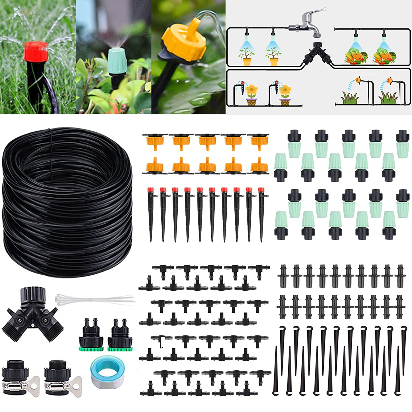 133Ft Irrigation Drip Kit, Automatic Plant Watering System with 40M 1/4 Inch Distribution Tubing Hose, Adjustable Nozzle Emitters Sprinkler