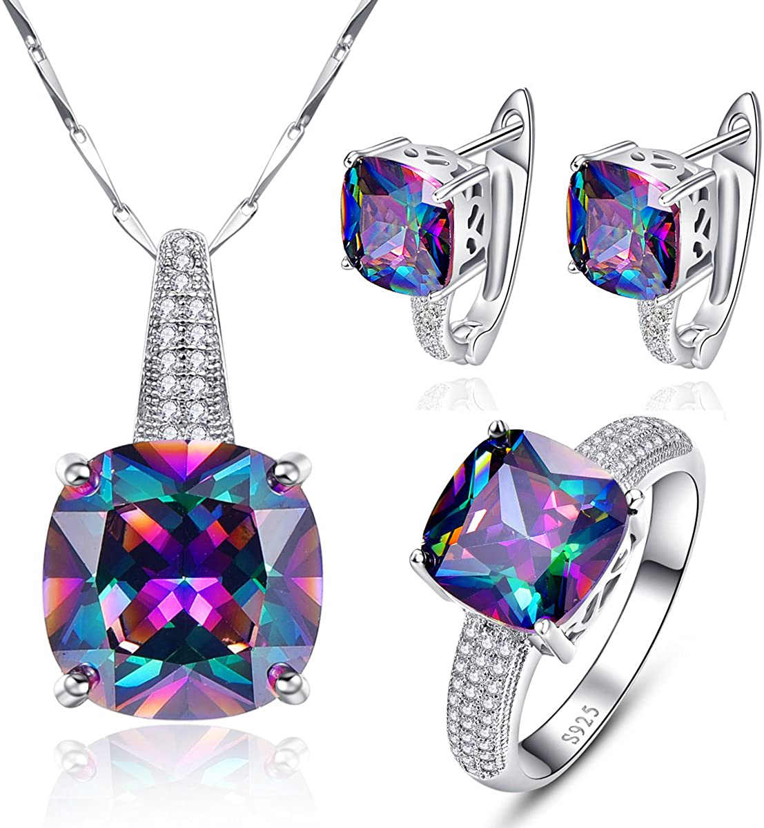 Women'S Rainbow Mystic Topaz 925 Sterling Silver Pendants Ring Earrings Jewelry Set