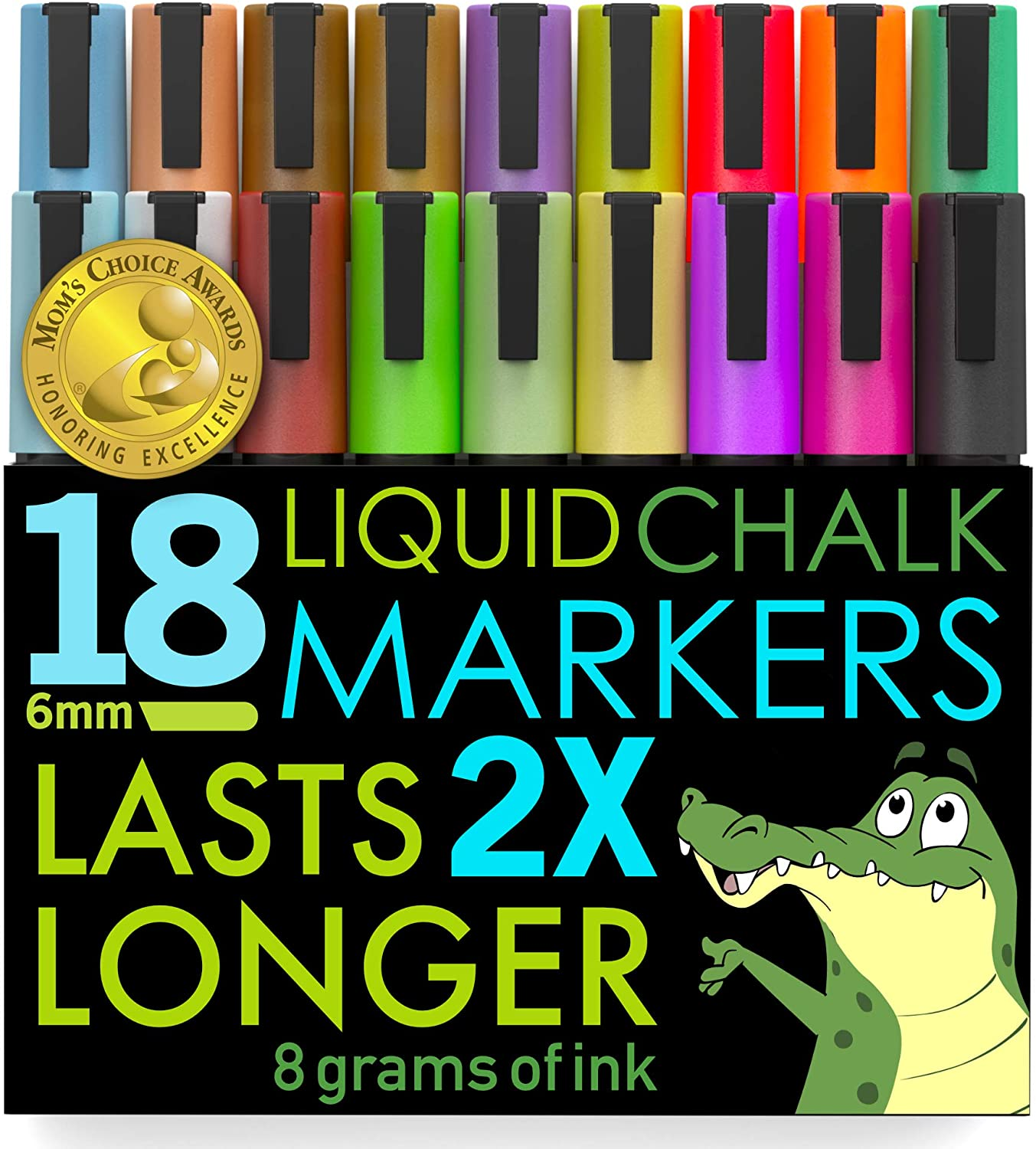Liquid Chalk Markers, Jumbo 18 Pack, (Mom’S Choice Award Gold Recipient), Neon plus Earth Colors 6Mm Reversible Tip, 2 Replacement Tips Included