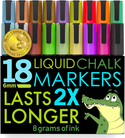 Liquid Chalk Markers, Jumbo 18 Pack, (Mom’S Choice Award Gold Recipient), Neon plus Earth Colors 6Mm Reversible Tip, 2 Replacement Tips Included