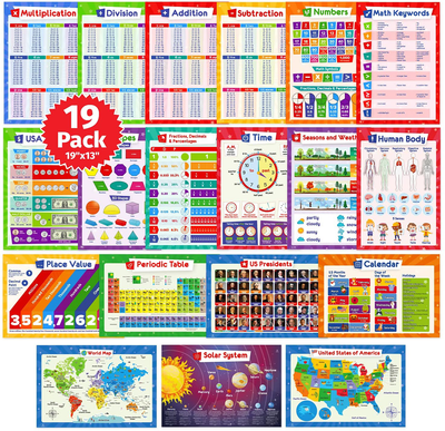 19 Educational Posters for Kids - Multiplication Chart Table, Periodic Table, USA Map, World Map, Solar System, Division Addition, Classroom Posters, Homeschool Supplies, Classroom Decorations - 19x13