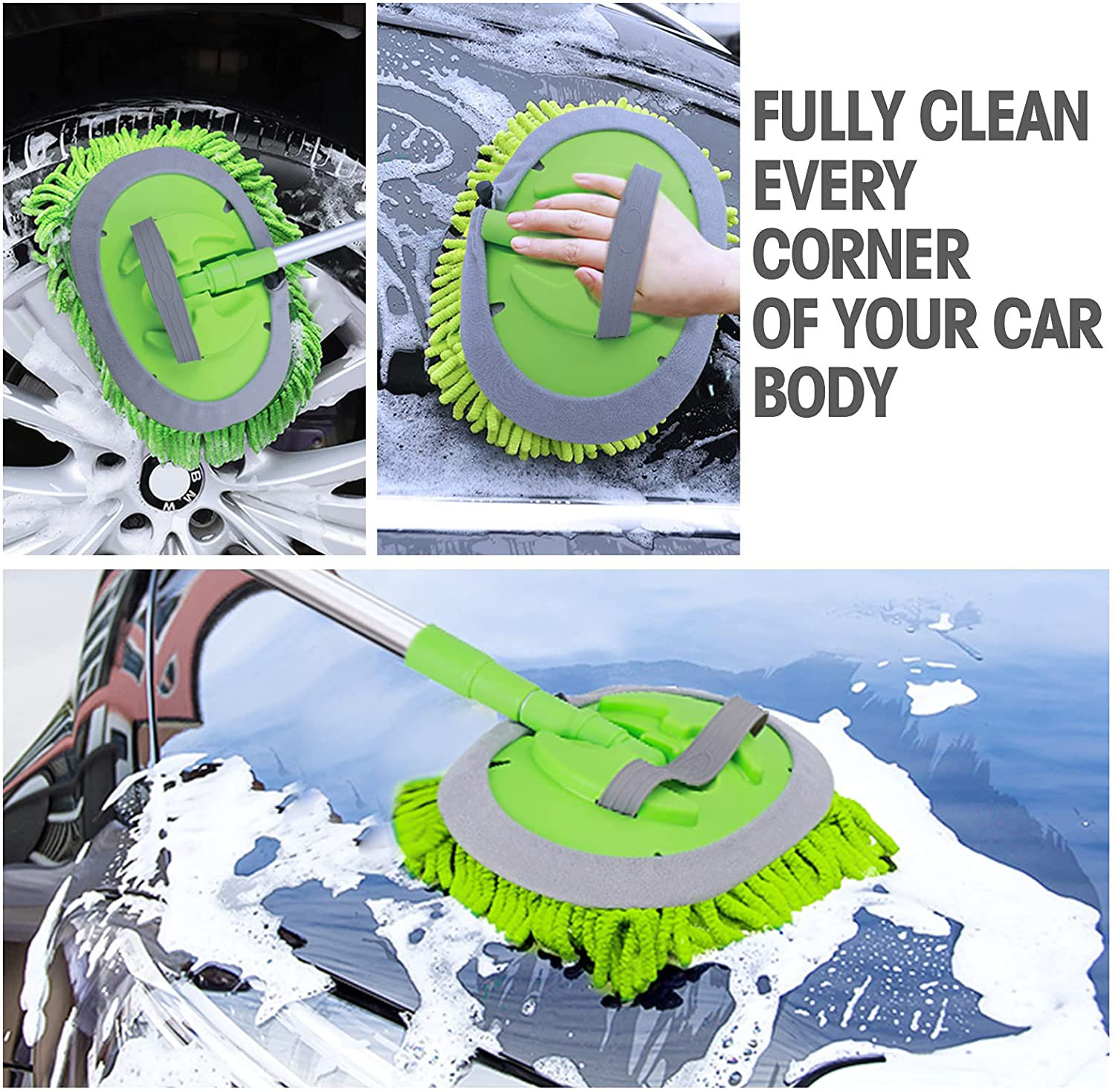 2 In 1 Car Wash Brush with Long Handle Aluminium Alloy 44 Inches, Chenille Microfiber Car Wash Mop Mitt Scratch Free Duster with Extension Pole, Car Cleaning Supplies Kit,3 Pcs Mop Heads (Green)