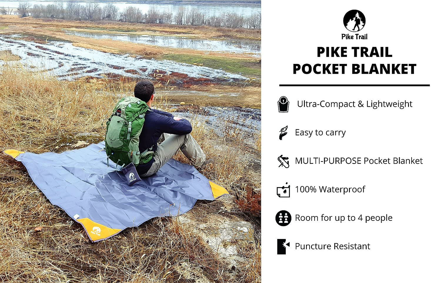 Pocket Blanket -Compact Picnic Blanket (60"X 56") - Sand Proof Beach Blanket / 100% Waterproof Ground Cover. Great Outdoor Blanket for Hiking, Camping, Picnics, Travel and Beach Trips!