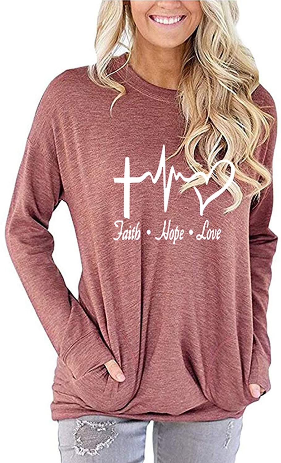 ZILIN Women's Casual Letter Print Crewneck T-Shirt Long Sleeve Tunic Tops Sweatshirt with Pockets