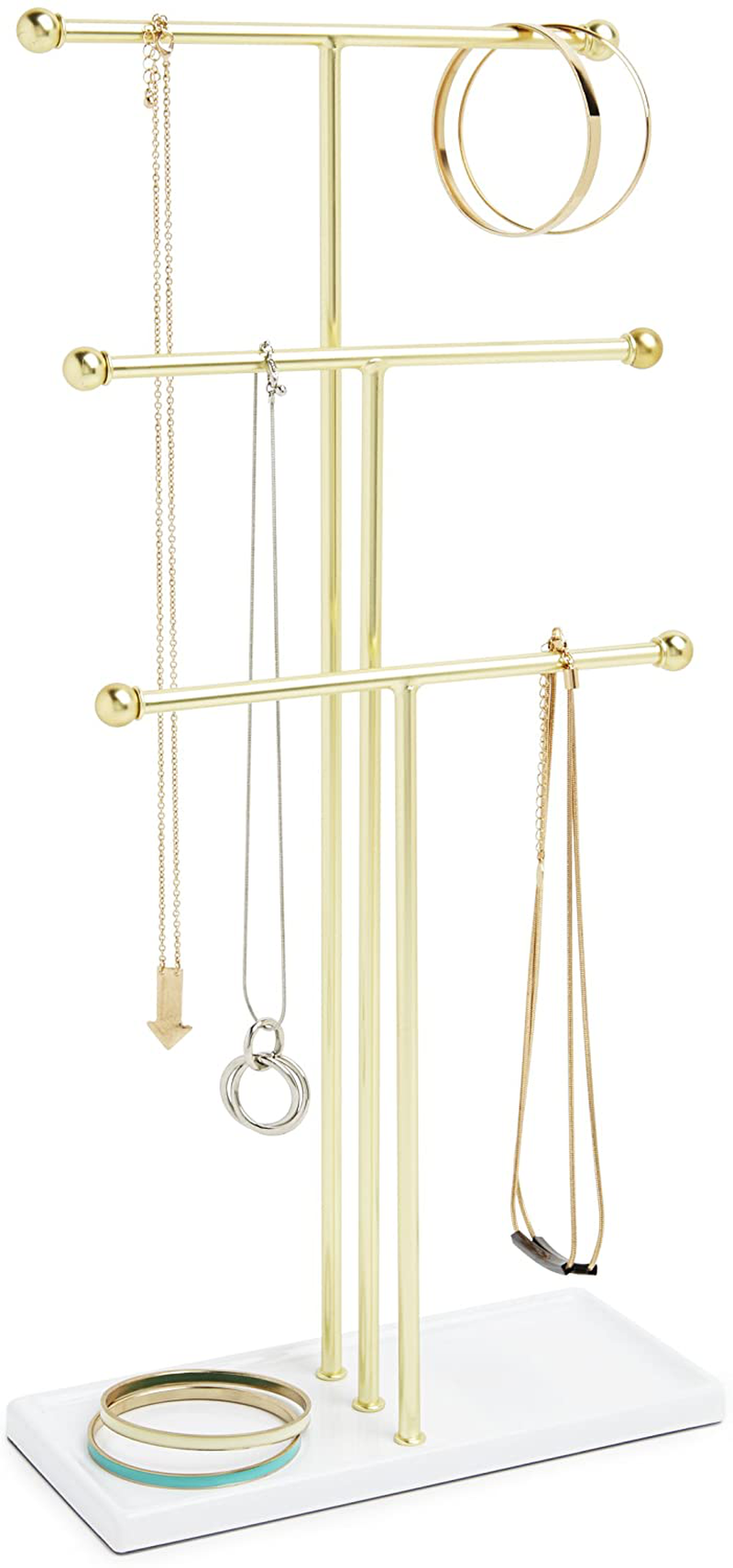 Umbra Trigem Hanging Jewelry Organizer Tiered Tabletop Countertop Free Standing Necklace Holder Display, 3, Brass/White