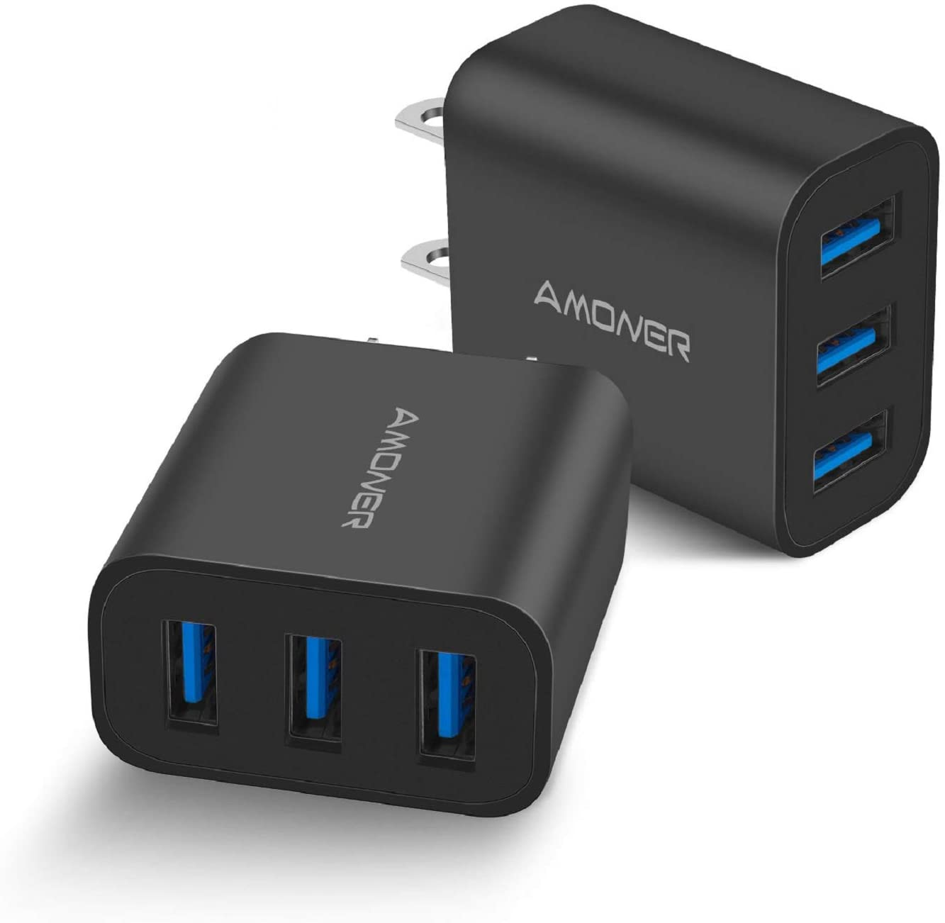2 Pack Wall Charger, Amoner Upgraded 15W 3-Port USB Plug Cube Portable Wall Charger Plug for Iphone 12Mini/12/11/Pro/Promax/Xs/Xr/X/8/7, Ipad Pro/Air 2, Galaxy10/9, Note10/9, and More