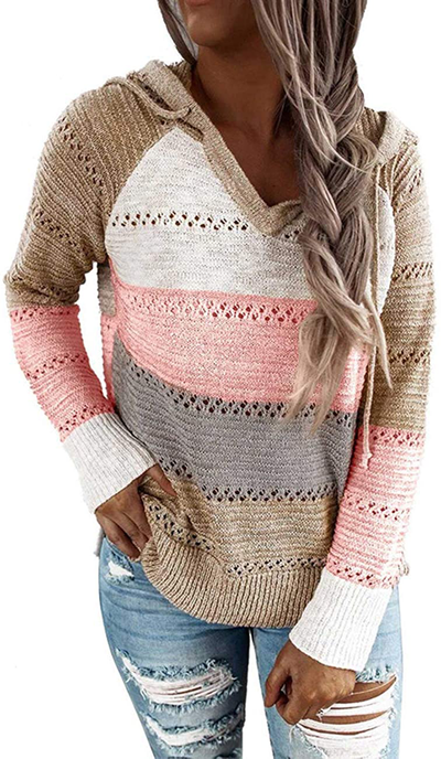 MAYFASEY Women's Color Block Striped Hoodies Sweater Long Sleeve Casual Loose Knitted Pullover Sweatshirt Tops