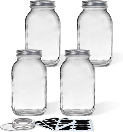 Vtopmart Regular Mouth Glass Mason Jars 32 oz, 4 Pack Glass Canning Jars with Metal Airtight Lids and Bands, for Meal Prep, Food Storage, Canning, Preserving, Drinking, Overnight Oats, DIY Projects