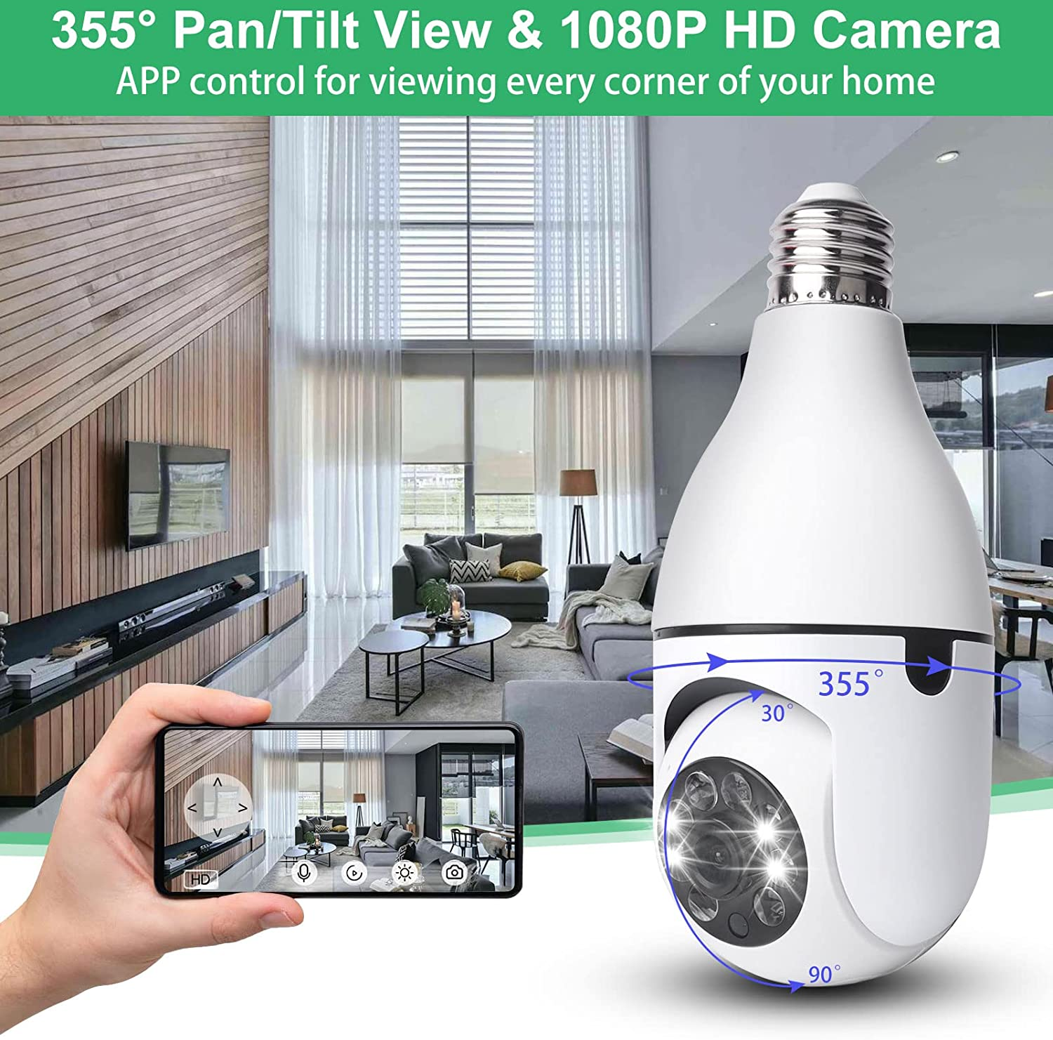 1080P Light Bulb Camera, Wireless Home Security Camera with 2.4Ghz Wifi, 360 Degree Smart Surveillance Cam with Motion Detection Alarm Night Vision(No Micro SD Card)
