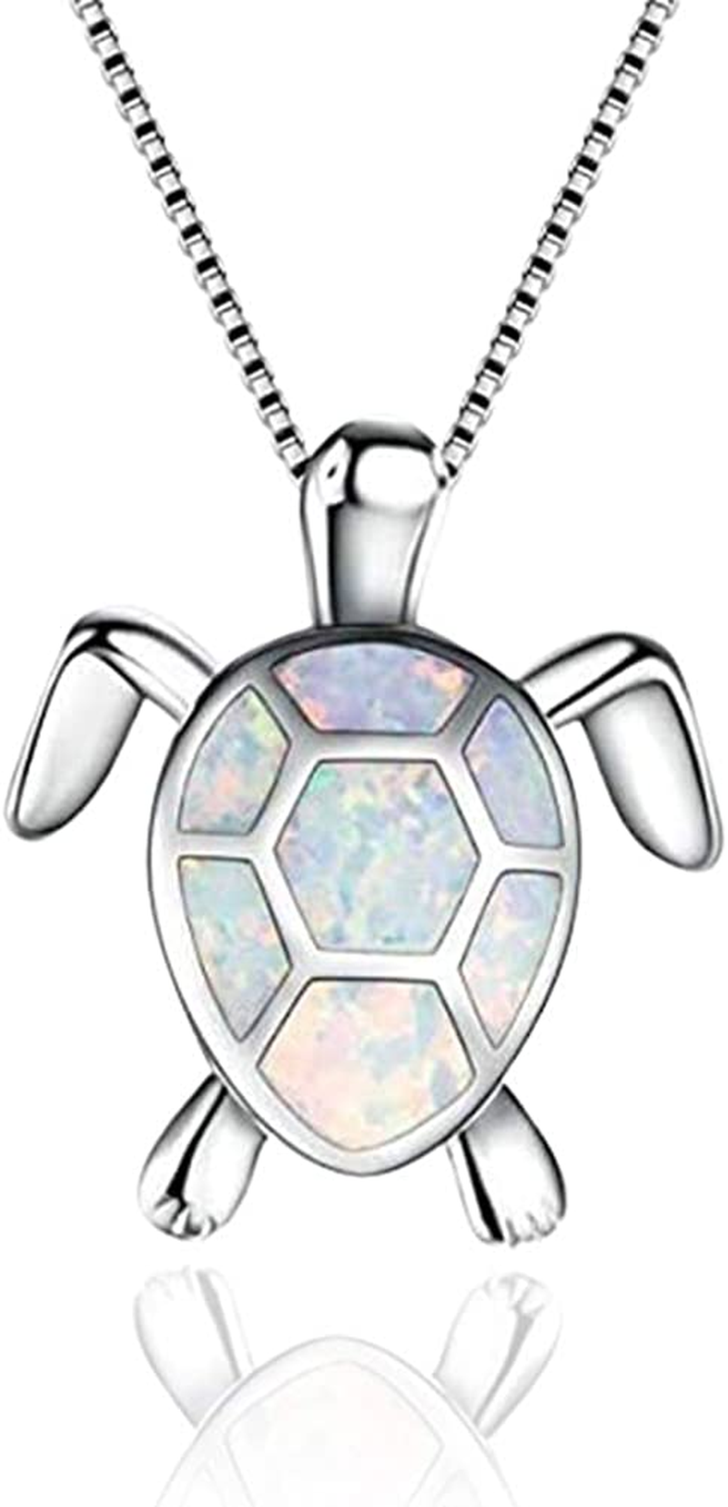 MICHIKO Cute Turtle Pendant Necklace Lovely Animals White Fire Opal 925 Sterling Silver Necklace Jewellery Gifts (White)