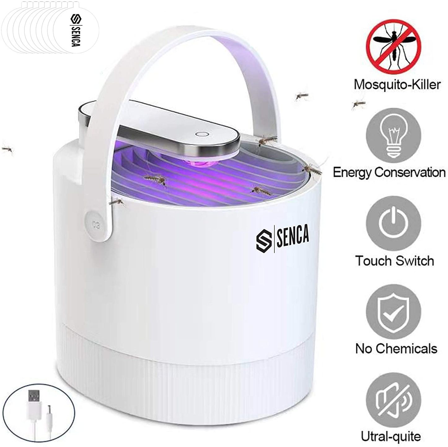 SENCA Indoor Outdoor Insect Trap, Bug, Fruit Fly, Gnat, Mosquito Killer Lamp, USB Plug-in with Adapter and 10 Sticky Glue Board, Suction Fan, No Zapper, Child Safe (White)