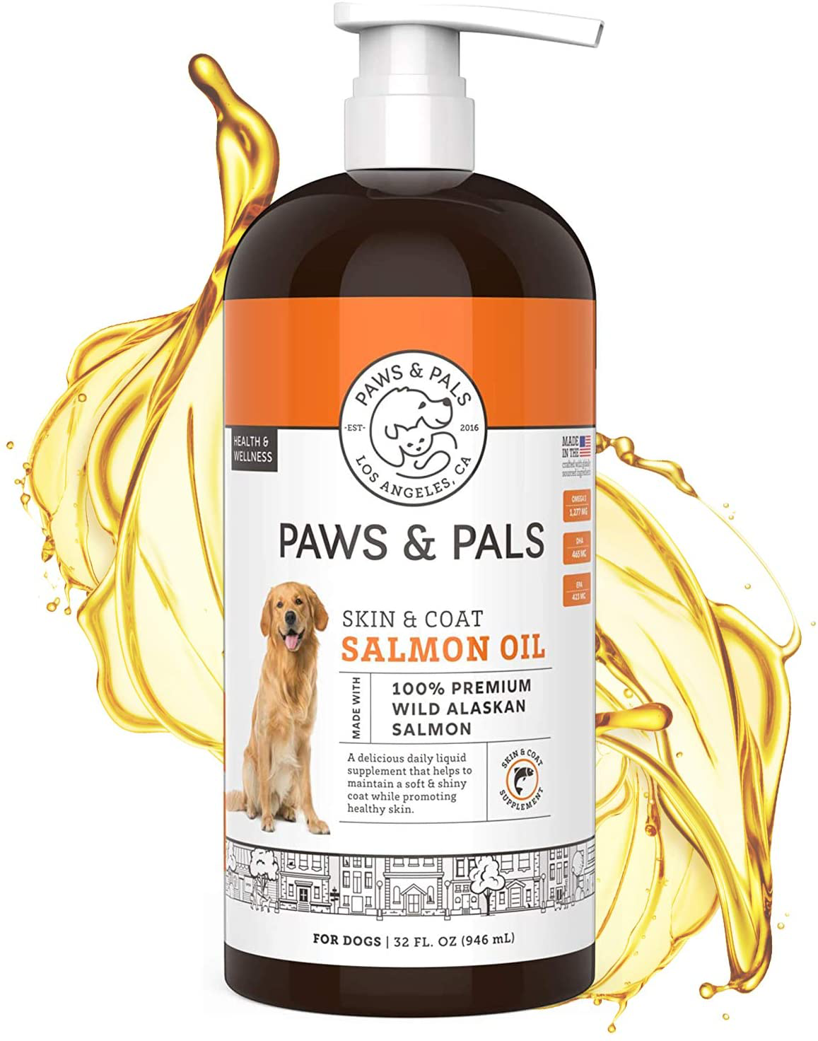 Paws & Pals Wild Alaskan Salmon Oil for Dogs & Cats - 100% Pure Fish Oil Liquid Food w/Omega 3 & Natural EPA + DHA