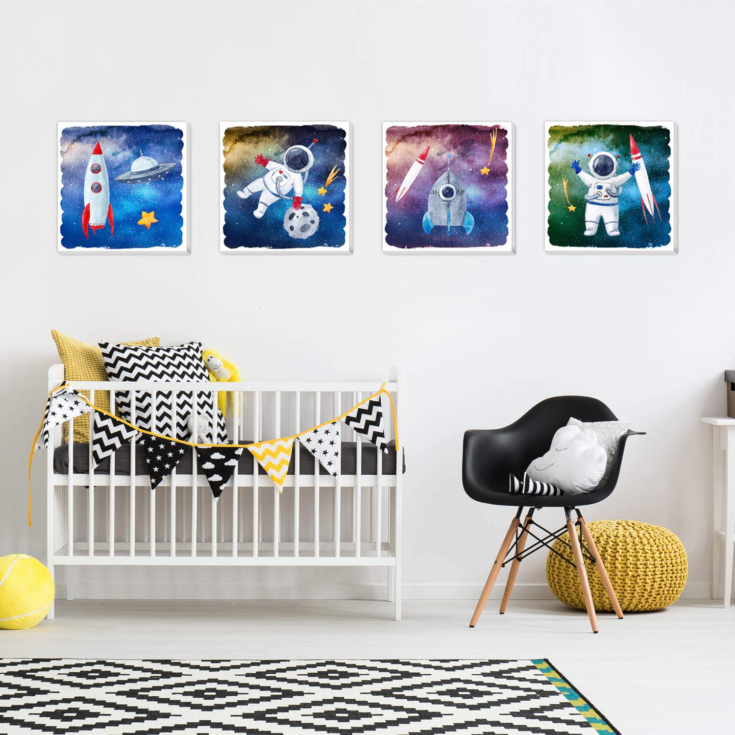 TEXTURE OF DREAMS Cartoon Astronaut Rocket Stars UFO in Outer Space Travel Canvas Wall Art, Boy Room Science Theme Nursery Wall Decor Poster Kid Bedroom Playroom Dorm Classroom 4 Pack (10" x 10")