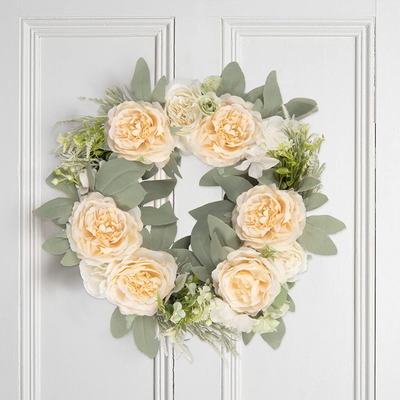 U'Artlines Fake Flowers Door Wreath 18" Floral Artificial Roses Wreath with Green Leaves Handmade for Front Door Farmhouse Welcome Door Wall Home Decor Office (Champagne)