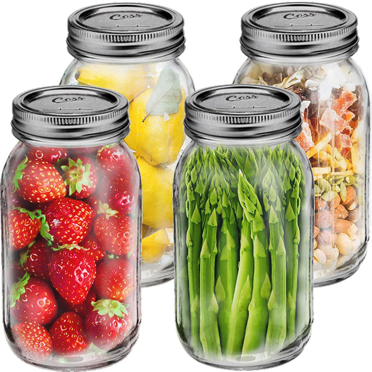 Quart Mason Jars with Lids- Large Glass Canning Jars 32oz Wide Mouth Airtight Lids for Drinks Food Storage Salads Yogurt Fruits Smoothies Meal Prep Overnight Oats (Set of 4) (32oz)