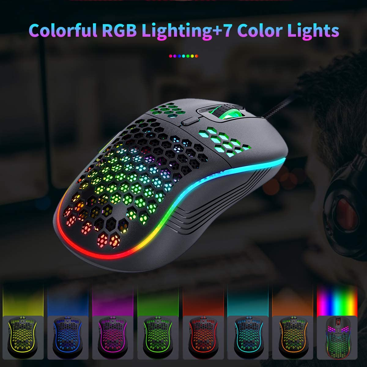 Lightweight Gaming Mouse, Wired USB PC Gaming Mice with Ultralight Honeycomb Shell, RGB Chroma LED Light, 7200 DPI Adjustable, Programmable 6 Buttons Mouse for Windows 7/8/10/XP