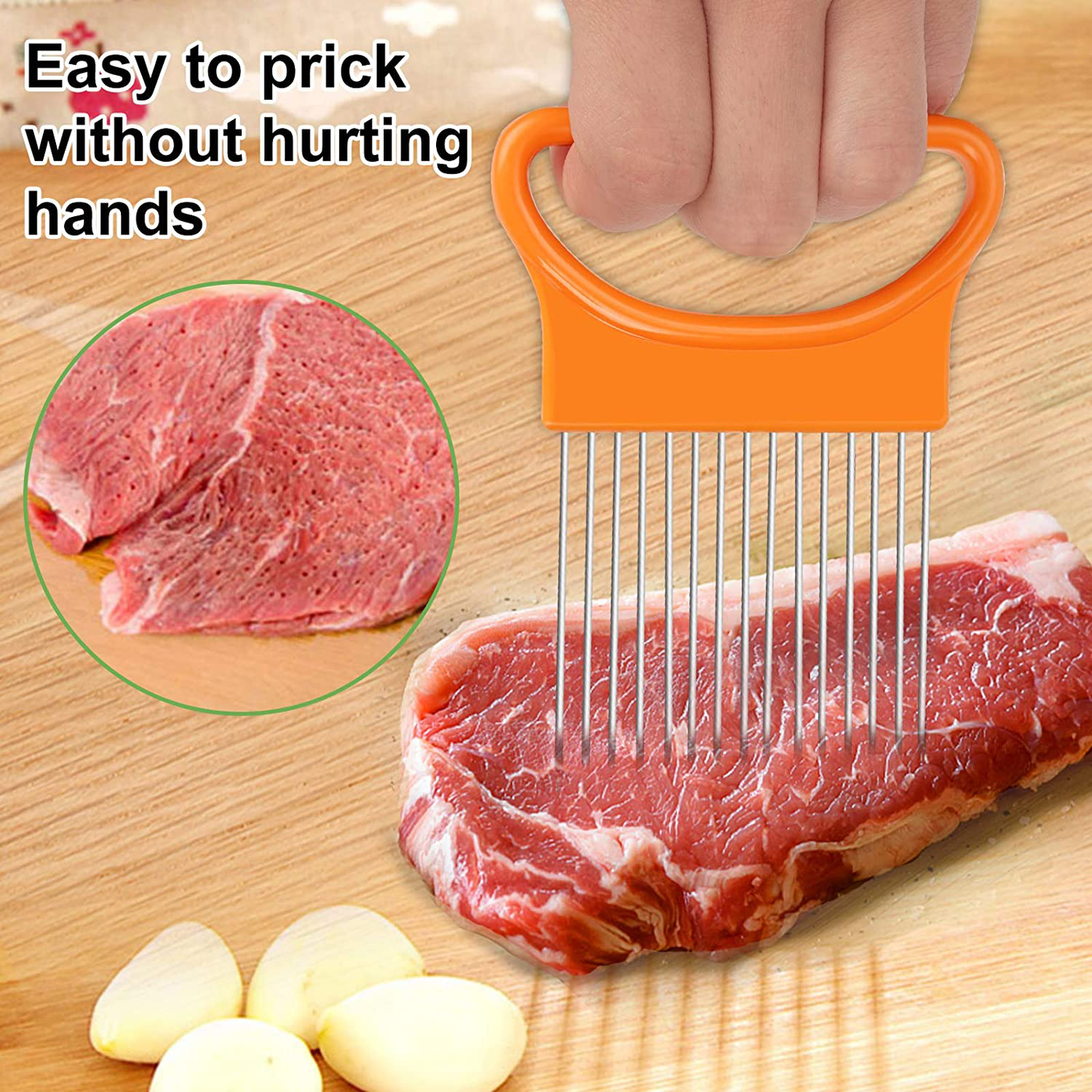 2Pcs Ruooson Onion Holder for Slicing, Stainless Steel Prongs Kitchen Slicer, Lemon Cucumber Cutter Comb,Meat Tenderizer,Green and Orange (Orange)