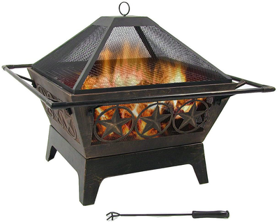 Sunnydaze Northern Galaxy Heavy-Duty Fire Pit - 32 Inch Steel Large Square Wood Burning Patio or Backyard Firepit - Weighs 30 Pounds - Cooking Grill Grate, Spark Screen, and Fireplace Poker Included