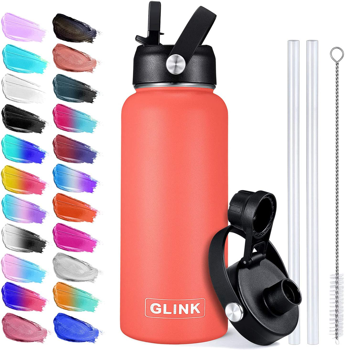 Glink Stainless Steel Water Bottle with Straw, 32-40 oz Wide Mouth Double Wall Vacuum Insulated Water Bottle Leakproof, Straw Lid and Spout Lid with New Rotating Rubber Handle