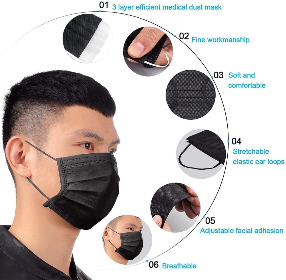 100 Pack Disposable Face Masks with Elastic Ear Loop,Breathability Comfort-Black