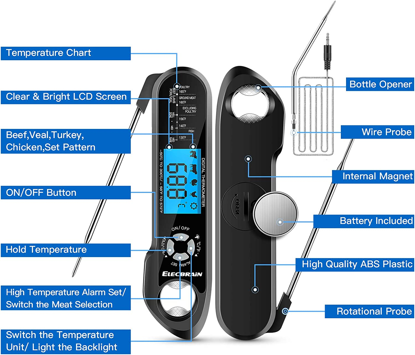 Meat Thermometer, Instant Read Food Thermometer, Dual Probe 2 in 1 Waterproof Oven Thermometer with Alarm, Backlight, Calibration for Kitchen, Cooking, BBQ and Oil Deep Frying