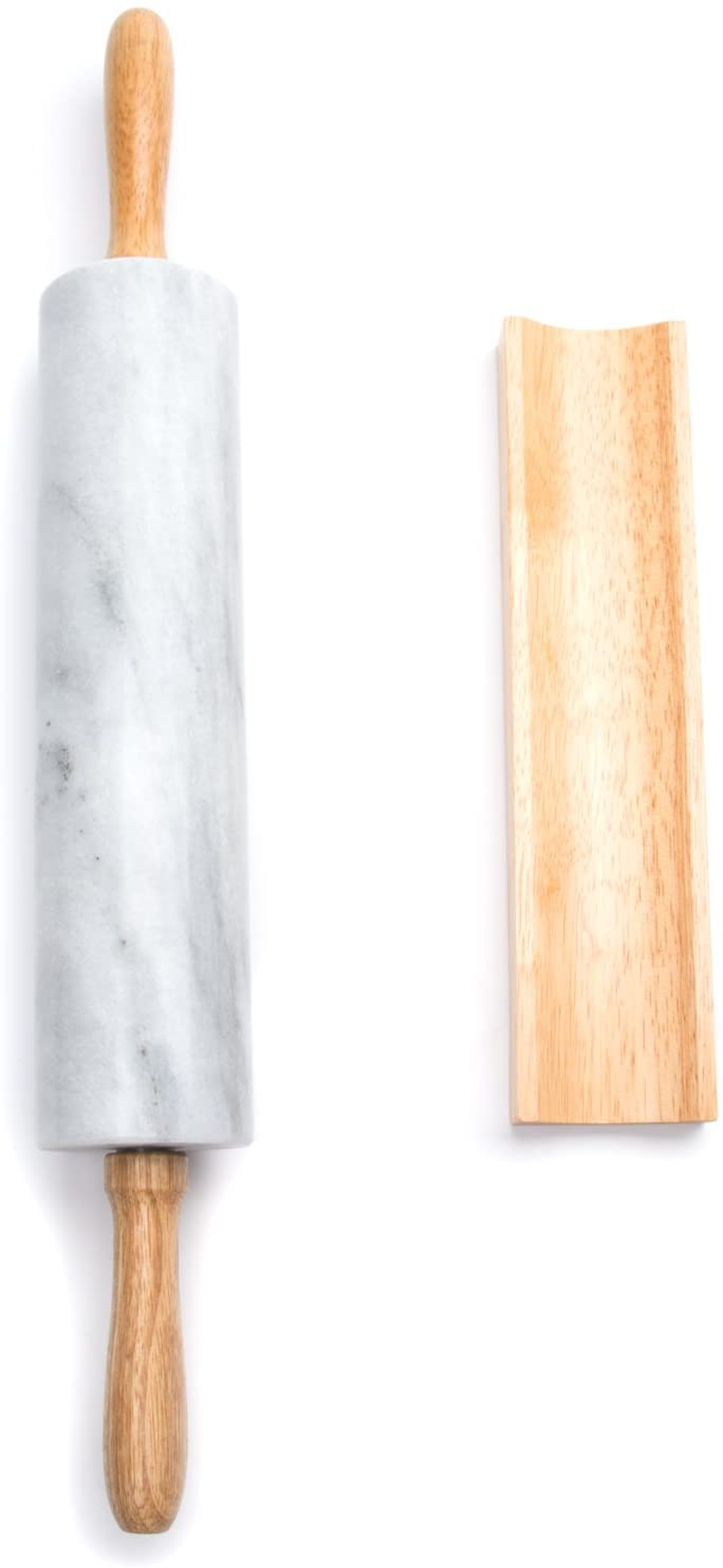 Fox Run Polished Marble Rolling Pin with Wooden Cradle, 10-Inch Barrel, White