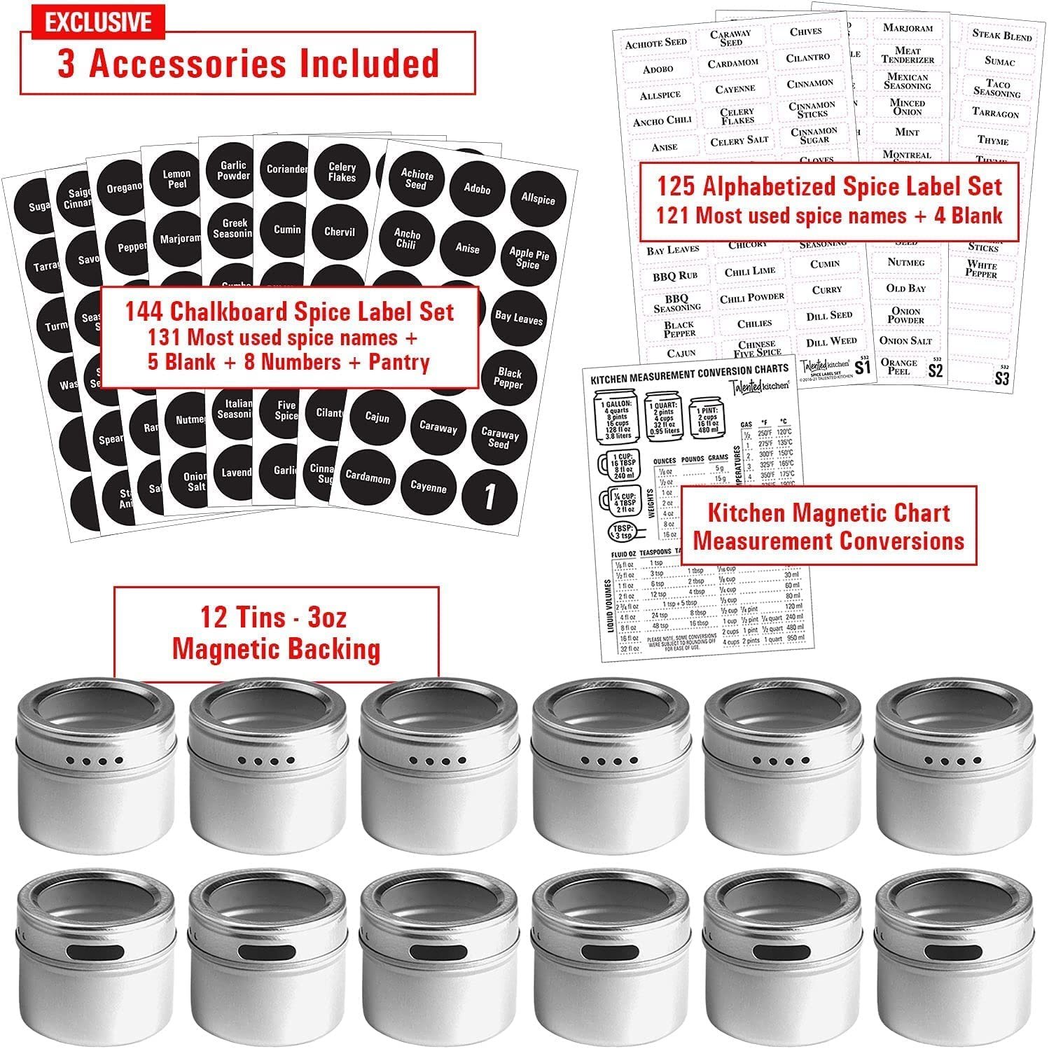 Set of 12 Magnetic Spice Tins with 12 Window-Top Sift and Pour Lids, 269 Preprinted Seasoning Label Stickers in 2 Styles for 3 Oz Herb Jars